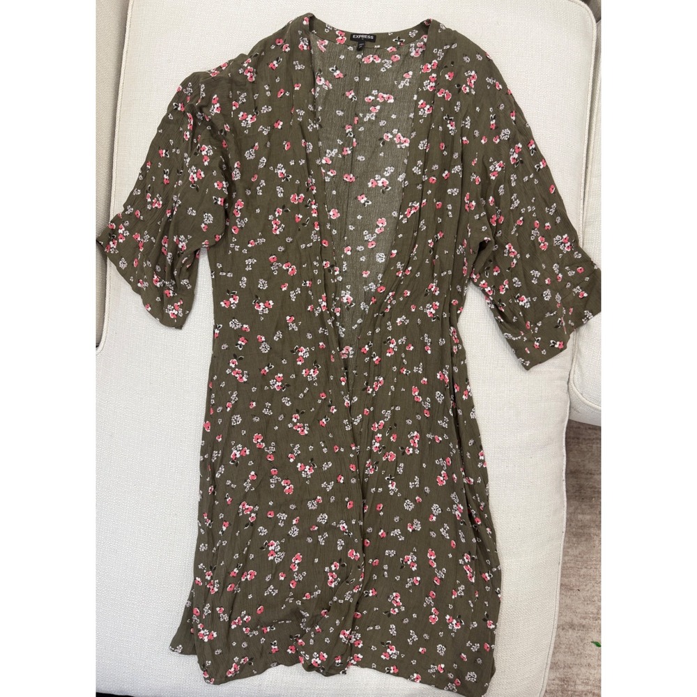 Express Kimono Cardigan Womens M/L Olive Floral Open Front Rayon Excellent